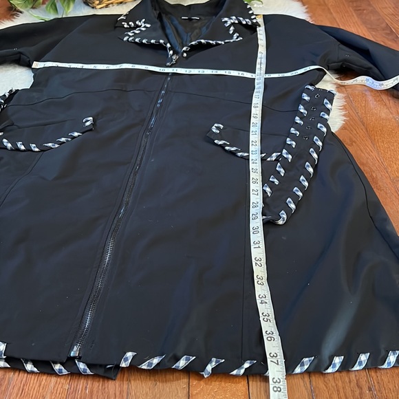 SAMUEL DONG Black Trench Coat with Plaid Trim - Picture 14 of 15